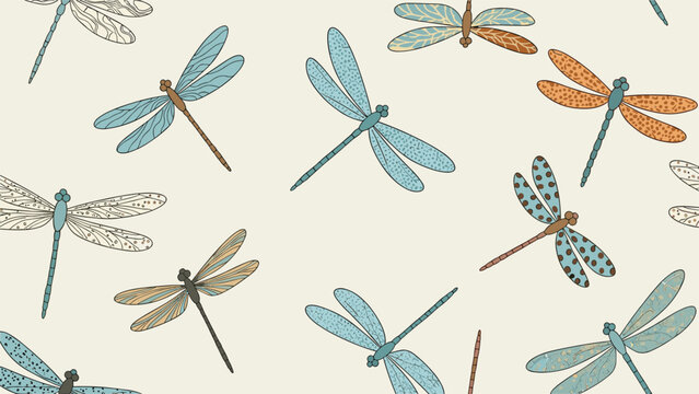 An elegant and delicate seamless pattern featuring stylized dragonflies with various wing patterns in soft blue and brown colors.