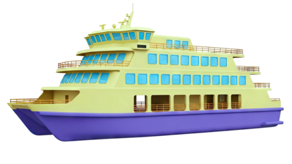 Modern Catamaran Ferry with Yellow and Purple Hull