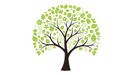 Obraz premium A beautiful and stylized illustration of a tree with a large, round crown composed of various types of green leaves and flowers.