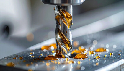 Metal drill bit boring into steel plate with oil coolant