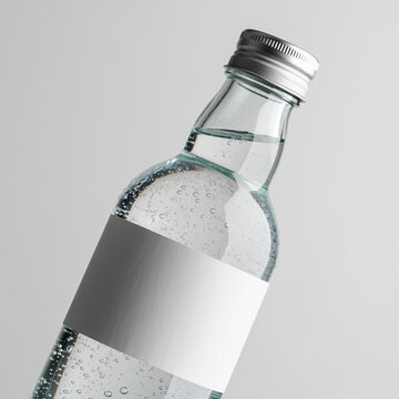 A clear glass bottle with a silver cap and label, filled with sparkling water, viewed from above on a plain surface