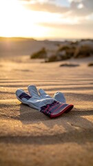 Fototapeta premium Lone work glove rests on a sandy dune under a warm sunset sky