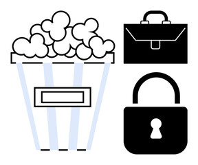 Entertainment, business, security, work-life balance, icons, modern concepts. Popcorn bucket, briefcase and padlock icons arranged together. Entertainment and business related security concept