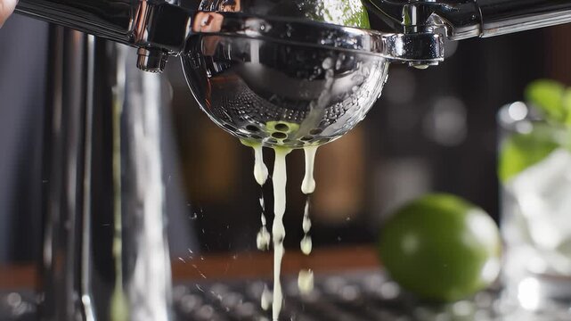 Bartender Hand Squeezes Fresh Lime With Press to Make Cocktail Drink