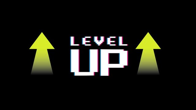 8-bit pixel art level up text with arrow on dark background. 