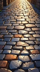Obraz premium Long cobblestone path between stone walls leads into the golden sunset light ahead