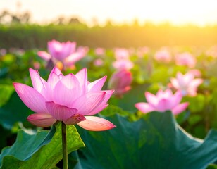 Obraz premium Lotus blooms with pink petals amongst leaves, illuminated by warm sunlight in a field