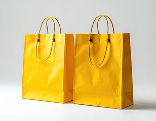 Two bright yellow paper shopping bags with cord handles