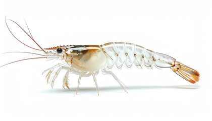 A close-up side view of a translucent prawn on a clean white background