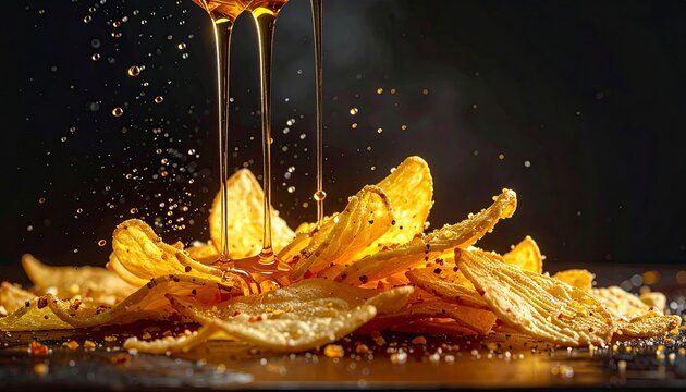 Close-up of potato chips with honey drizzle and black background.