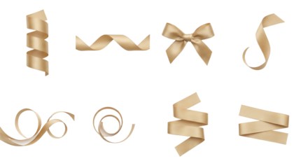 Luxury Gold Ribbon Collection featuring Bow Spiral Wave and Curl Shapes in Realistic Satin Texture