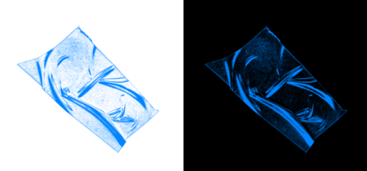 Vibrant blue plastic wrapping texture element overlay on transparent and black isolation backgrounds concept