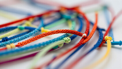 Entangled Colorful Strings: A close-up view of a vibrant collection of intertwined strings, each boasting a distinct color, suggesting a sense of unity amidst diversity. 