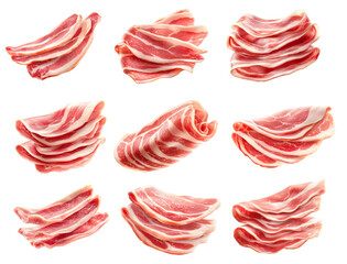 Set of Slices of raw bacon Pancetta with fat marbling, neatly stacked, isolated on white transparent background. Concept of cooking and food preparation