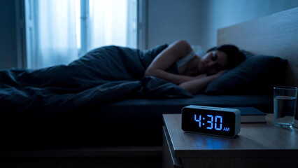 Sleepless Night Woman Awake at 4 30 AM with Digital Alarm Clock in a Dark Bedroom