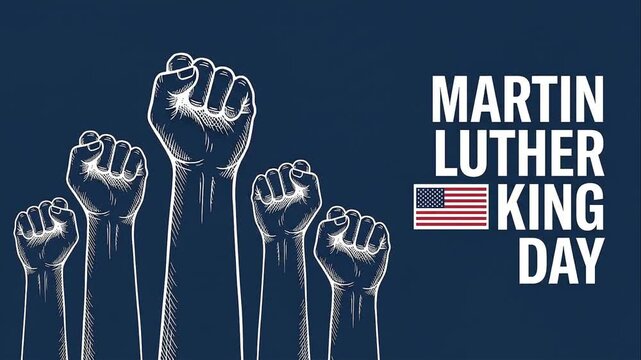 Martin Luther King Day celebration with raised fists and American flag