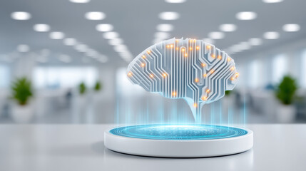 Business technology futuristic holographic brain floating over office platform glowing with