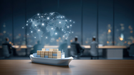 Business technology global shipping logistics meeting room and digital network connecting trade