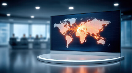 Business technology global network display modern control room connecting continents with warm