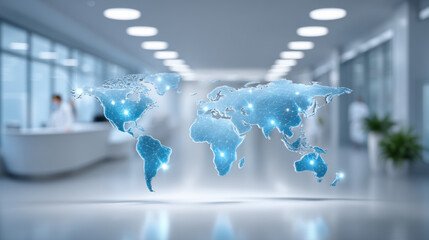 Digital world map with glowing network nodes in modern office linking business technology