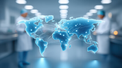 Global network map highlights business technology connections medical lab environment with