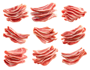 Set of Slices of raw pork bacon Speck with marbled fat isolated on white transparent background, representing cured meat preparation.