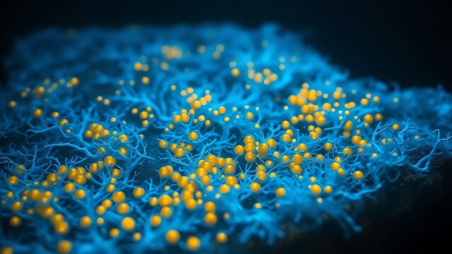A macro view of an underwater microbial mat as a glowing, electric-blue mycelial network.