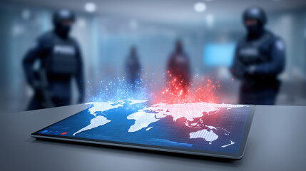 Digital tablet world map with business technology hologram and security agents in tense scene