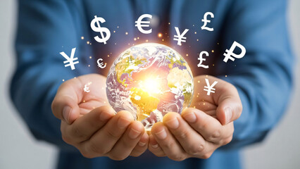 Businessman holding glowing earth with floating currency symbols representing global finance and international currency exchange concepts for commercial use
