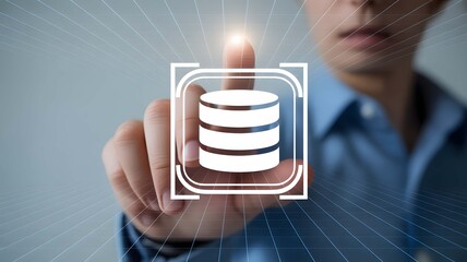 Man interacting with virtual database icon on a digital interface