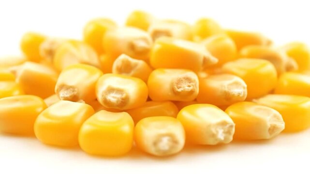 A pile of bright yellow, dry corn kernels on a white background