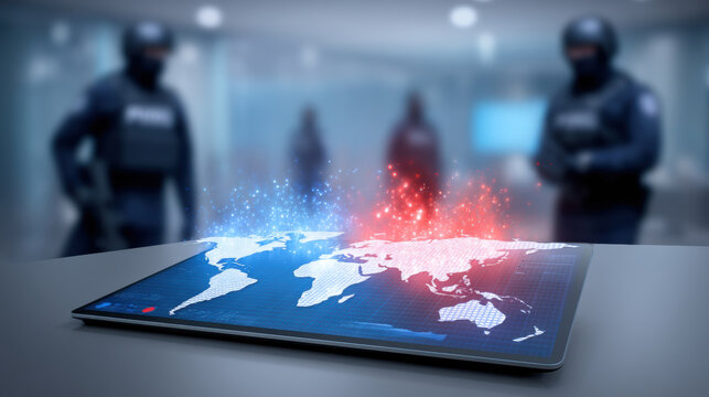 Digital tablet world map with business technology hologram and security agents in tense scene - Powered by Adobe