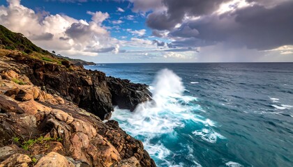 Coastal scene with dramatic ocean waves crashing against rocky shore