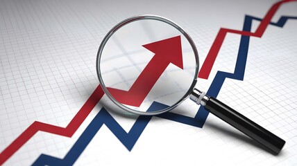 Magnifying glass on a graph with an upward trending red and blue line