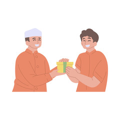 Two Muslim Men Exchanging Gifts for Eid Celebration Illustration