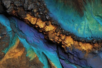 Abstract Terrain Featuring Crack with Vivid Blue Purple and Gold Hues with Granular Texture and Earthy Undertones Suitable For Backgrounds