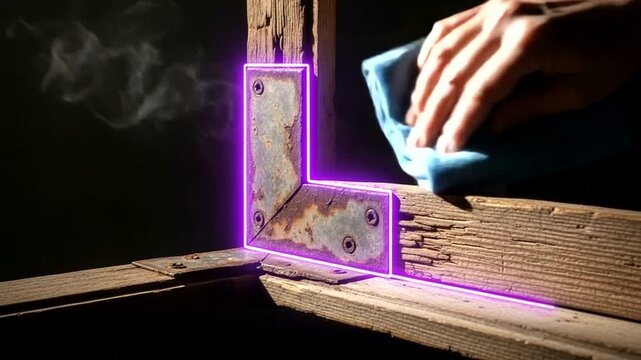 Hand holding blue cloth wiping wooden frame.