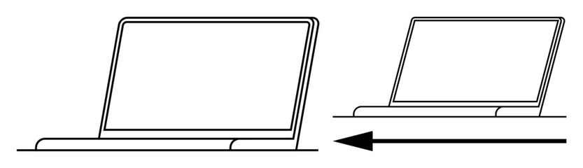 Obraz premium Laptop movement. Diagram a laptop shifting position with directional arrow. Movement in office, workspaces, and ergonomic setups. For tutorials, manuals, ergonomics, tech illustrations design guides