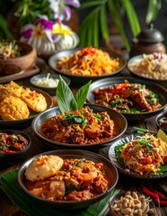 Obraz premium Delicious and diverse spread of traditional Thai cuisine dishes on a rustic table.
