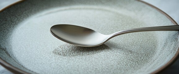 A stainless steel spoon resting on a ceramic plate