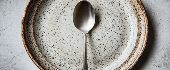 A stainless steel spoon resting on a ceramic plate