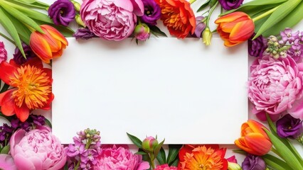 Vibrant floral frame with blank white card surrounded by colorful tulips and peonies in soft natural light