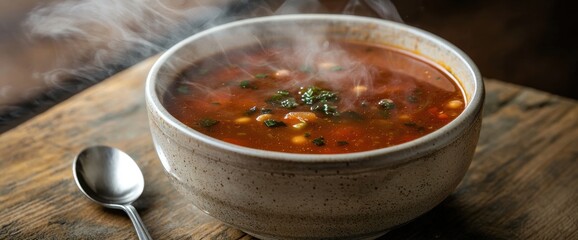 A steaming bowl of hot soup with a spoon beside it
