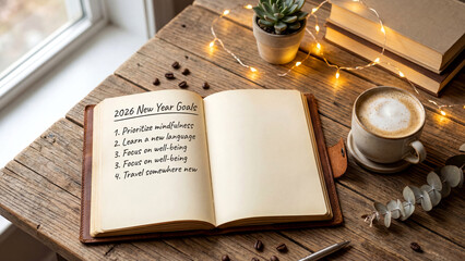 2026 New Year Goals in Open Notebook on Rustic Wood Table with Coffee and String Lights