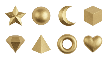Metallic Golden Geometric Set with Star Sphere Moon Cube Diamond Pyramid Torus and Heart in Matte Foil Texture