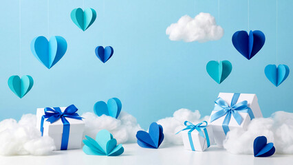Festive Father's Day Scene with Blue Hearts, Mustache, Gifts Clouds on Light Blue Background