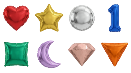 Festive Mylar Balloon Collection Featuring Red Heart Gold Star Silver Circle Blue Number One and Green Square Foil Objects