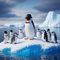 Fototapeta premium Funny penguin leader wearing hat on ice