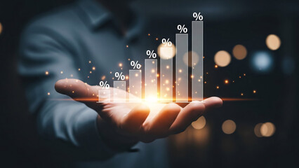 Businessman holding glowing digital bar chart with percentage symbols representing growth and data analysis in a modern corporate environment