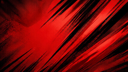 Dramatic Red Grunge Abstract Comic Book Background with Black Speed Lines and Halftone Effect